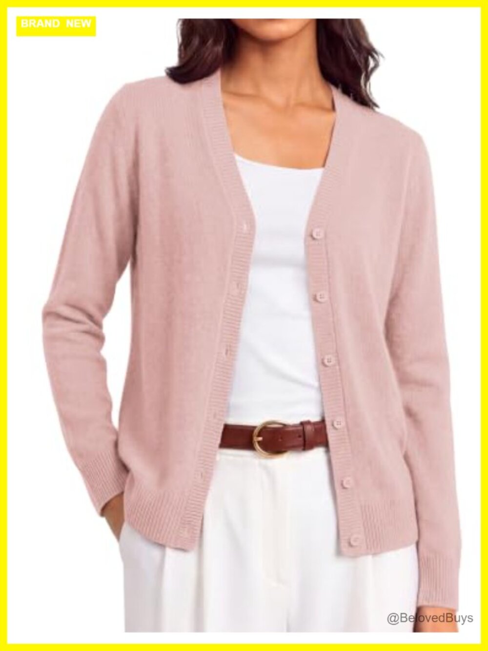 Merino Wool Cashmere Blend Cardigan Button-Up Ribbed Trim V-Neck Knit Sweater